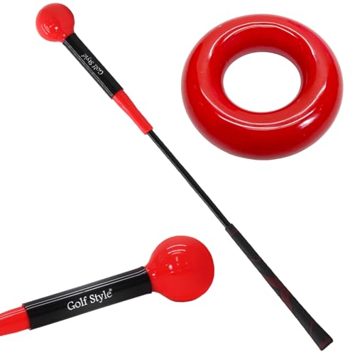 GolfStyle ゴルフ練習器具 スイングトレーナー ウエイトアップ セット 重り 140g ウエイトリング ゴルフ トレーニング器具 スイング練習 室内 屋外 素振り 矯正 飛距離 通常グリップ 81cmサイズ (レッド/レッド)