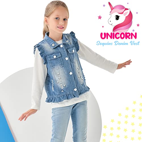 Wawsam Baby Girls Sleeveless Denim Vest Toddler Denim Jacket Spring Fall Casual Unicorn Denim Waistcoat Top Kids Button Down Jeans Jacket Sequins Junior Denim Vest Tops Outwear #TOP2