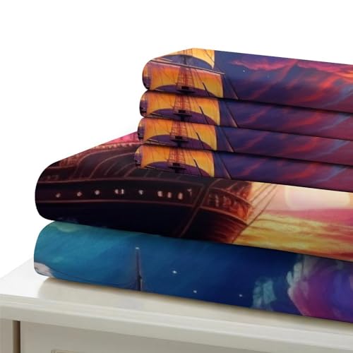 Housse de couette 3D bateaux à voile 140x200 cm avec 2 taies d'oreiller en microfibre