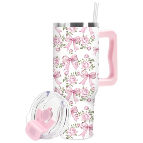 FYSUIMU 40Oz Bow Floral Tumbler with Straw & Lid Pink Bowknot Flower Stainless Steel Travel Coffee Tumbler Drinking Cup with Handle for Spring Party Favor Supplies