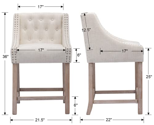 EALSON Counter Height Bar Stools Set of 4 Farmhouse Barstools with Back Mid Century Modern Bar Chairs with Wood Legs Upholstered Counter Stools for Kitchen Island/Home Bar/Pub, Linen Beige