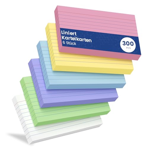 Karteikarten Liniert, 300 Stück A7 （7.62CM x 12.7CM）Farbige Lernkarten, Vokabelkarten, Karteikarten Beschriftbar Liniert Verdickter Karteikarte, Rezepte Vokabeln Flash Cards für Büro Schule Haus
