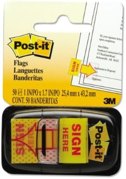 Post-it Printed Message Flags, "Sign Here", 1 Inch Yellow, One Dispenser of 50 Flags