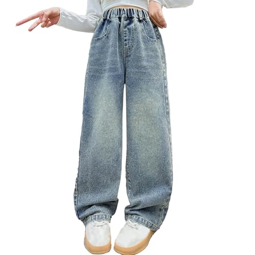 Baggy Straight Jeans for Teen Girls Wide Leg Elastic High Waist Washed Denim Pants Cute Comfy Trousers for Kids Girls