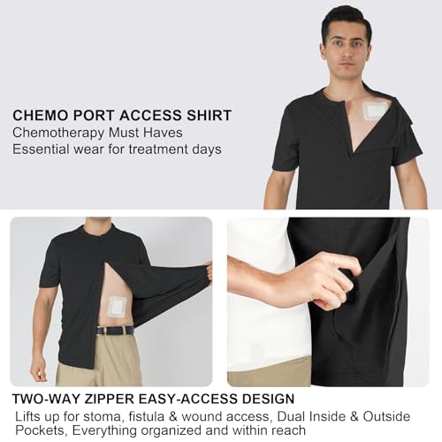 Men's Shoulder Surgery Shirt with One-Hand Zip for Chemo Port Access & Rotator Cuff Recovery & Puppy Flap Short Sleeve3