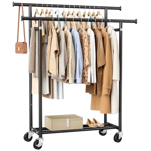 HYSEYY Clothes Rack, Double Rods Rolling Clothing Rack for Hanging Clothes, Portable Garment Rack with Wheels, Coat Rack Wardrobe Closet Load 240 LBS for Bedroom Laundry Room, Black
