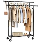 Clothes Rack, Double Rods Rolling Clothing Rack for Hanging Clothes, Portable Garment Rack with Wheels, Coat Rack Wardrobe Closet Load 240 LBS for Bedroom Laundry Room, Black