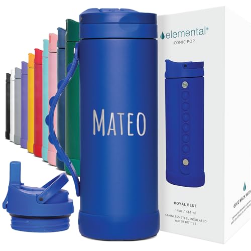 Elemental Iconic Kids Personalized Water Bottle with Straw Lid & Stress Relief Pop It Handle, Custom Triple Insulated Kids Stainless Steel Water Bottle For Girls & Boys, 14oz - Royal Blue