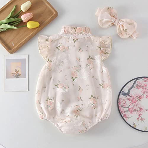 Newborn Babys Girls Embroidered Cheongsam Romper Infant Toddler Short Sleeve Bodysuit with Headband Outfits Set2