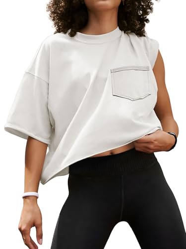 ATHMILE Womens Oversized T-Shirts Short Sleeve Workout Crop Tops Casual Drop Shoulder Boxy Roll Hem Basic Loose Tees