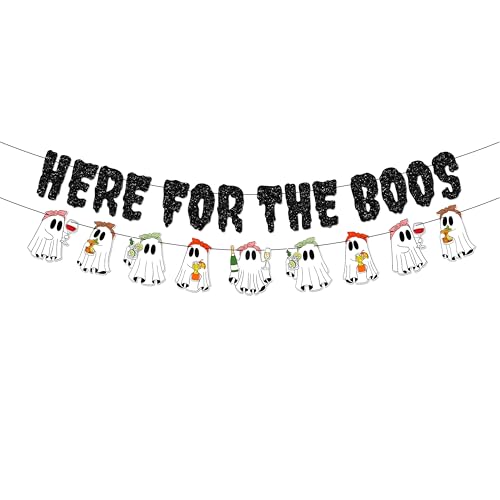 Halloween Ghost Party Banner, Here for the Boos Glitter Banner with Boo Garland for Halloween Party Decoration