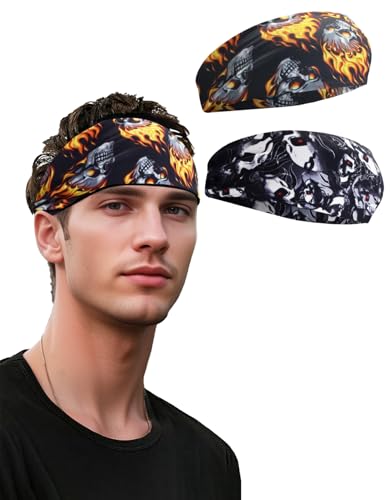Headbands for Men and Women, Headband Non-Slip Sweatband for Sports, Sweat Head Bands Headband, Hairbands Sweatbands for Running Cycling Yoga Basketball Workout Football Tennis Training (Skull Pack)