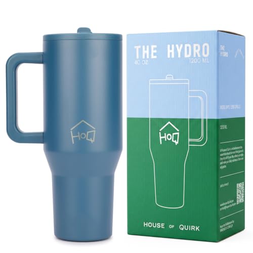 Image of House of Quirk 1200ML Tumbler with Handle & Simple Flip Straw - Car Cup Holder Friendly, Leak Resistant Stainless Steel Water Bottle with Rubber Base (Shadow Blue)