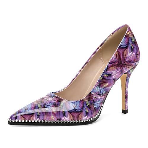 SAMMITOP Women's Stiletto Heels Beaded Slip On Pumps Shoes Closed Pointed Toe Patent Leather Dress High Heels 3.5 Inch Floral Purple US Size 8.5 by SAMMITOP - Used condition - US$39.45