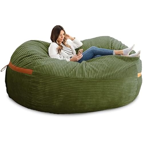 Big Joe Fuf 8Ft Giant Foam Bean Bag Chair, Oversized Couch with Removable Cover for Kids, Teens, Adults, Moss Green Corded Plush, 8 Foot
