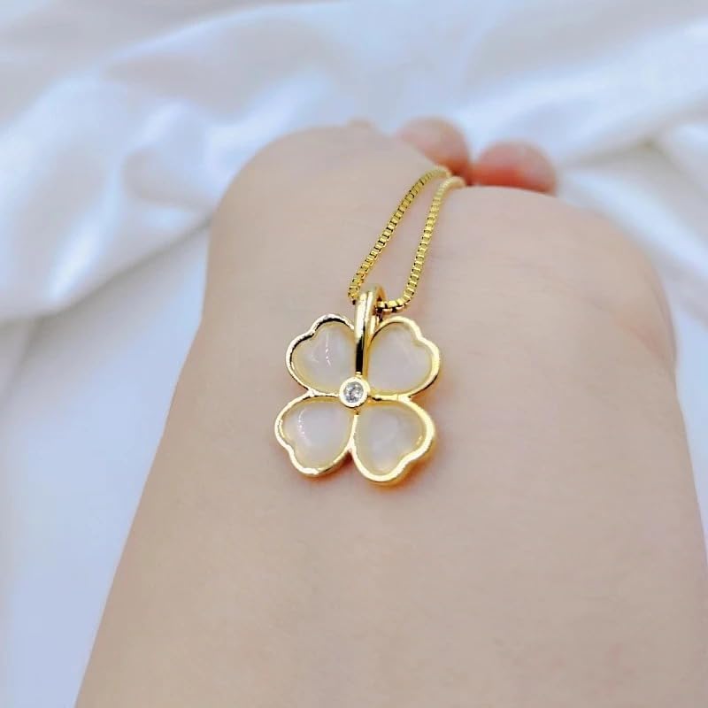 14k Yellow Gold Delicate Clover Heart Necklace For Women, Enamel Lucky Heart Choker Necklace - Cute Four Leaf Clover Eternal Love Necklace, 4 Heart Clover Necklace - Image 2