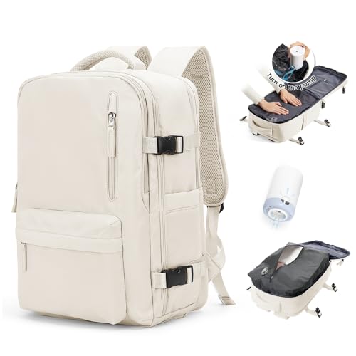 BJLFS Sac à dos Sous Vide Avec Pompe Bagage a Main Ryanair Sac à dos Voyage Cabine Avion Sac à Vide de Compression Portable Sac étanche pour Ordinateur Portable Beige