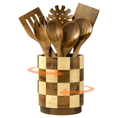 Fyctio Wooden Utensil Holder, 360° Rotating Acacia Wood Kitchen Utensil