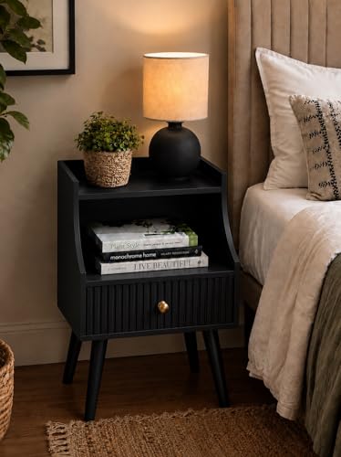 Image of ETIQUETTE ART Modern Fluted Nightstand with Drawer and Open Storage Shelf, Bedside Table with Round Edge, Boho Night Stand with Solid Wood Legs & Knob Handle End Table for Bedroom (Black)