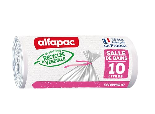 alfapac - 25 sacs 10L à lien traditionnel - fabriqués en France - Sacs Poubelle pour salle de bains - Vegetal Origin – Sacs blancs de dimensions 35 x 40 cm