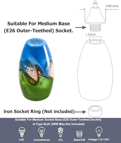 Image of GO&SO Blue-green Glass Lamp Shade 3Pcs,7.8 inch H x 4 inch D,Oval Pendant Light | 1.57 inch Fitter E26 Base,Hand-Blown Art Fixtures,Chandelier Shades for Kitchen Island,Hanging Light Shades