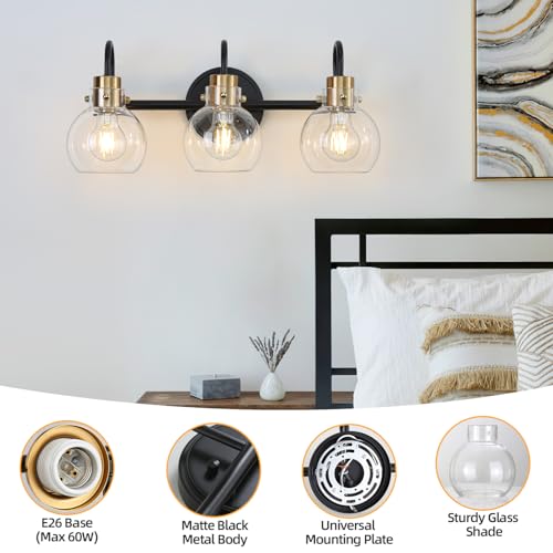 Image of 3 Lights Bathroom Light, Black Gold Vanity Light Fixture, Wall Sconces with Globe Clear Glass Shade, Farmhouse Wall Mount Lamp for Mirror, Kitchen, Porch, Living Room, Workshop