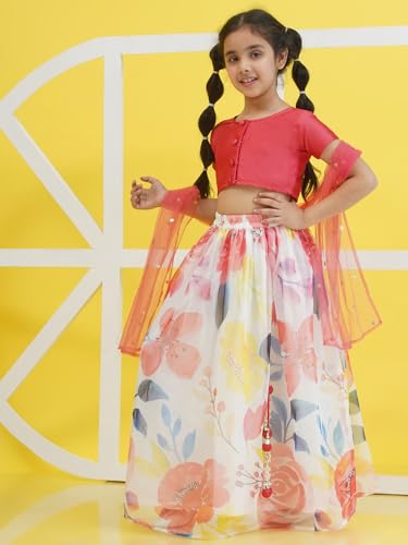 Image of AJ DEZINES Kids Ethnic Wear Silk Blend Organza Floral Printed Lehenga Choli for Girls With Dupatta