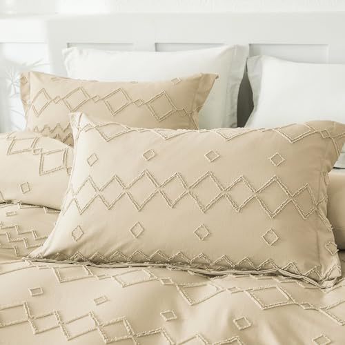 Image of EMME Boho Duvet Cover Set - Tufted Comforter Set with Boho Embroidery, All-Season Bedding for Twin, 1 Duvet + 1 Pillowcase (Beige)