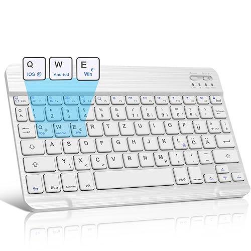 JADEMALL Bluetooth Tastatur QWERTZ Deutsch für iPad, Samsung Tab, Huawei - 10 Zoll Ultraleichte Kabellose Tastatur mit iOS-Tasten, Weiß
