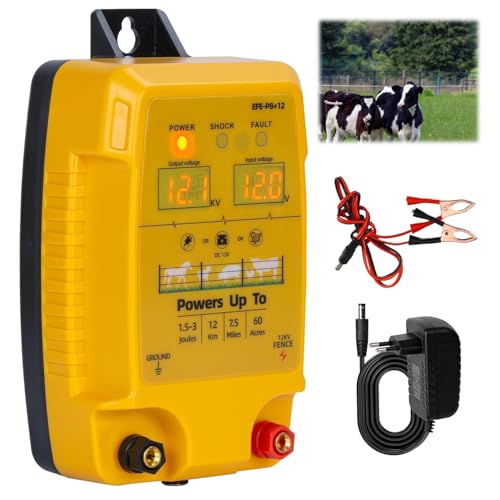 12V Electric Fence Energiser with Dual Led Display Waterproof Electric Fence Tester Insulators Range 10 Km Electric Fence Device for Cattle Sheep Poultry and Livestock 1.5 Joule Output
