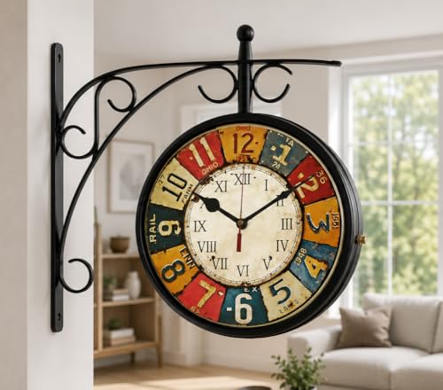Horloge double face vintage marron 20,3 cm avec support mural
