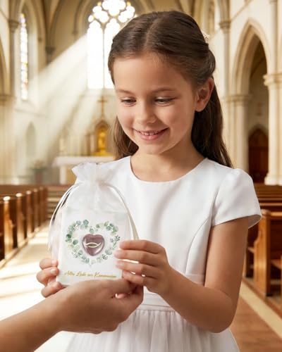 Kleine Geschenke für Kommunion Junge Mädchen, 10er Herz Glückssteine mit Fisch für Kinder mit Kommunion Karte und Organza Beutel, Mitgebsel Kommunion Gastgeschenke, Tischdeko Kommunion Deko