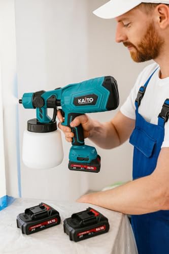 Image of KAITO 21V Cordless Paint Sprayer | 800W HVAC Spray Gun with ABS Plastic Body & 1000ml Container | Includes 2 x 2.5Ah Lithium-Ion Batteries & Charger | for Walls, Doors & Furniture Green-Black