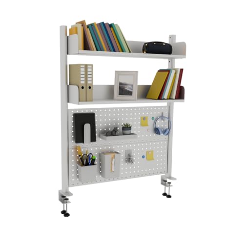Boltmol Clamp-on 2-Tier Desk Shelf,White 80CM, Desktop Organizer With Pegboard, Countertop Storage Bookcase For Home, Office Or Dorm