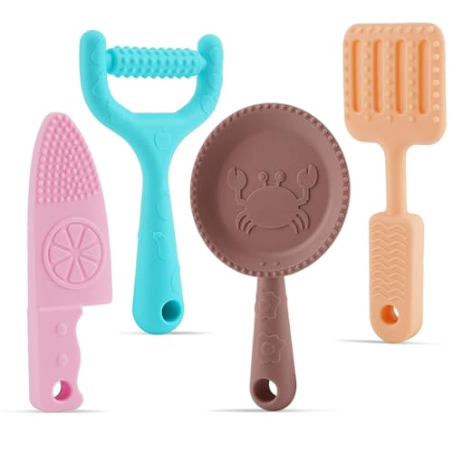 Sactulaz 0-BPA Silicone Culinary Kitchen Utensil Baby Teething Toys,Chef Cooking Role Playing Games Training for Baby Girls Boys,Molar Chewing Freezer teether Toys for 6-12 Months Infants,Kids,4 Pack