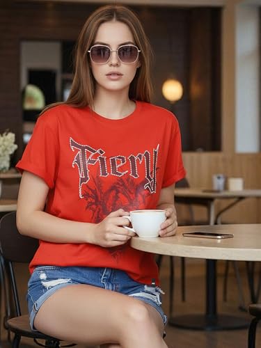 Image of Bewakoof Women's Graphic Print Boyfriend Fit Half Sleeve Round Neck Pure Cotton T-Shirt 694320 Red XL
