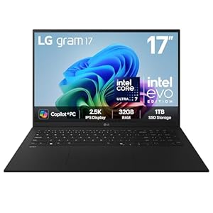 LG gram 17Z90TL - 17 Inch 2.5K IPS Ultra-Lightweight Laptop, Intel Core Ultra 7 258V 47TOPS NPU - EVO Edition, 32GB RAM, 1TB SSD, Windows 11 Home, gram Hybrid AI, Copilot+ PC, Black (2025)