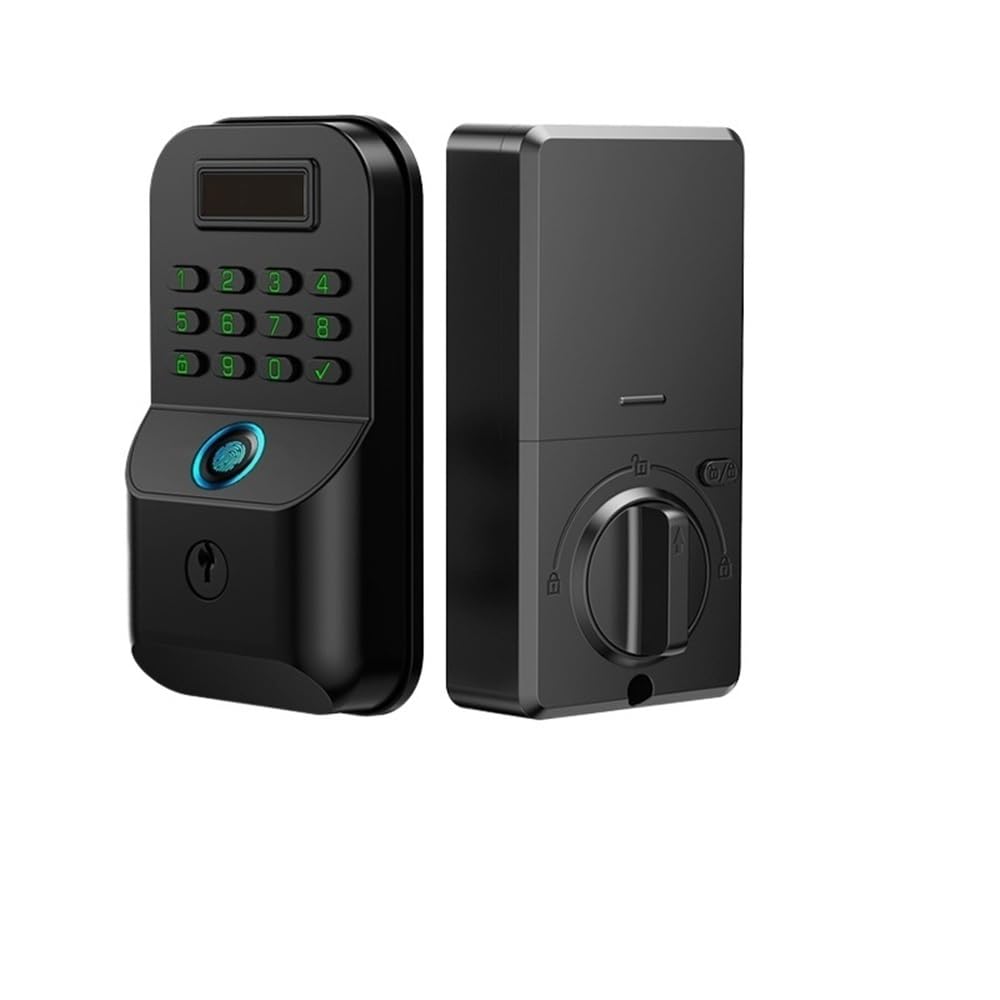 Front view of the K9FH Smart Lock with keypad and keyhole, showing a USB-C cable indicating emergency power.