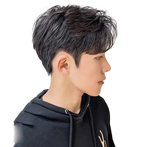 Fluffy Perucas masculinas bonitas de cabelo curto natural peruca de substituição de cabelo humano re