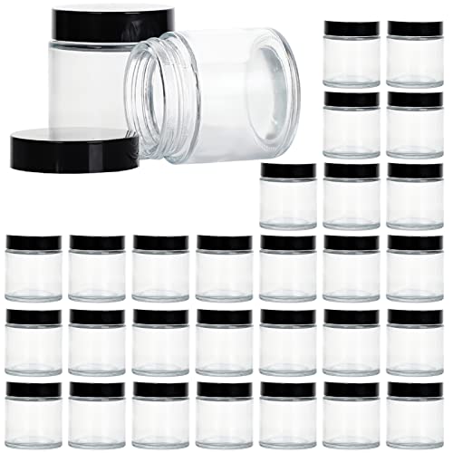 4 Ounce Glass Jars with Lids, Hoa Kinh 30 Pack Clear Empty Cosmetic Containers Round Airtight Glass Jar with Black Lids for Storing Lotions, Powders, and Ointments