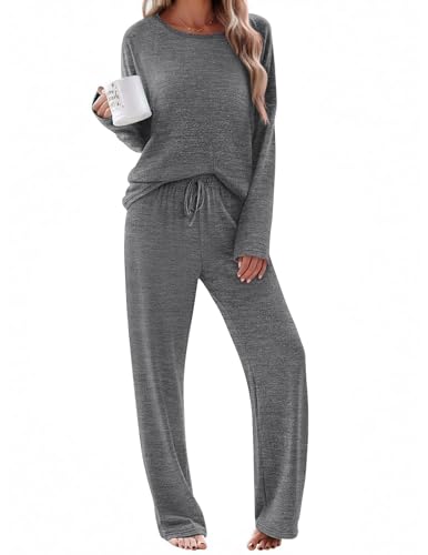 Ekouaer Pajama Set Womens Long Sleeve Sleepwear Pullover Top and Pants Cozy Loungewear Soft Pjs Lounge Set with Pockets S-XXL