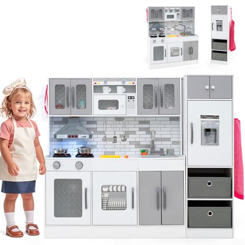 GLACER 2-Piece Kids Kitchen Playset, Wooden Toddler Toy Kitchen Set with Lights and Sounds, Ice Maker, Cookware Accessories, Play Kitchen Set for Kids, Gift for Ages 3+ (Gray)