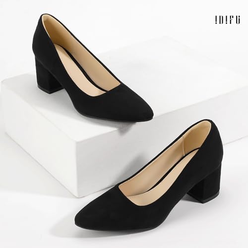 IDIFU Black Pumps Women Closed Toe Low Chunky Block Heels Dress Shoes for Women Office Work Business Wedding Prom Shoes Trendy Comfortable Pointed Toe Short Thick Heels Pumps (Black Suede, 12) by IDIFU - Used condition - Image 5
