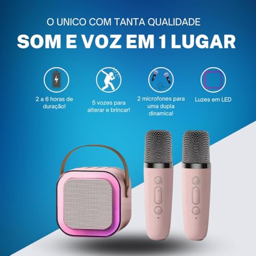 Kit de Karaokê Portátil com Alto-falante LED RGB, 2 Microfones sem Fio, Bluetooth, Rosa Recarregável