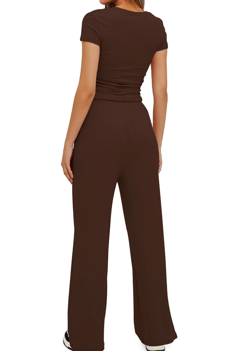 Tuta Donna Casual Elegante 2 Pezzi Top a Maniche Corta e Pantaloni a Gamba Larga con Tasche Coulisse Slim Fit Tuta Sportiva Donna Completa Due Pezzi Casual Ginnastica Estiva - 5