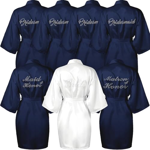 Malloom 7 accappatoi in raso per damigelle d'onore, da donna, con strass, vestaglia per sposa e damigella d'onore, per feste di nozze, addio al nubilato, blu navy e bianco, Blu navy e bianco., Taglia