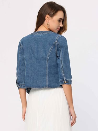Allegra K Denim Jacket for Women's Collarless 2025 Cardigan 3/4 Sleeve Crop Jean Jackets3