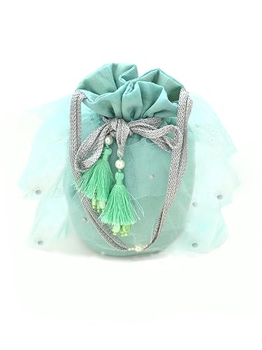 Sac potli bleu ciel pour femme sac indien traditionnel fait main avec poignée filetée