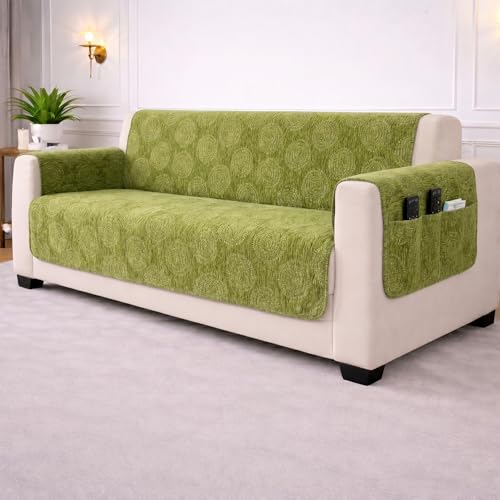 Image of STITCHNEST 'Opulence Series' Floral Woven Sofa Cover for 2 Seater | Premium Soft Fabric Sofa Protector | Green Circular Pattern with Tassel Edge Finish | Durable Living Room Furniture Cover