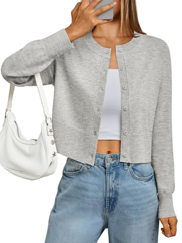 LILLUSORY Cropped Lightweight Cardigan Sweaters for Women Crew Neck Summer Clothes Fashion Spring Outfits 2026 Grey M